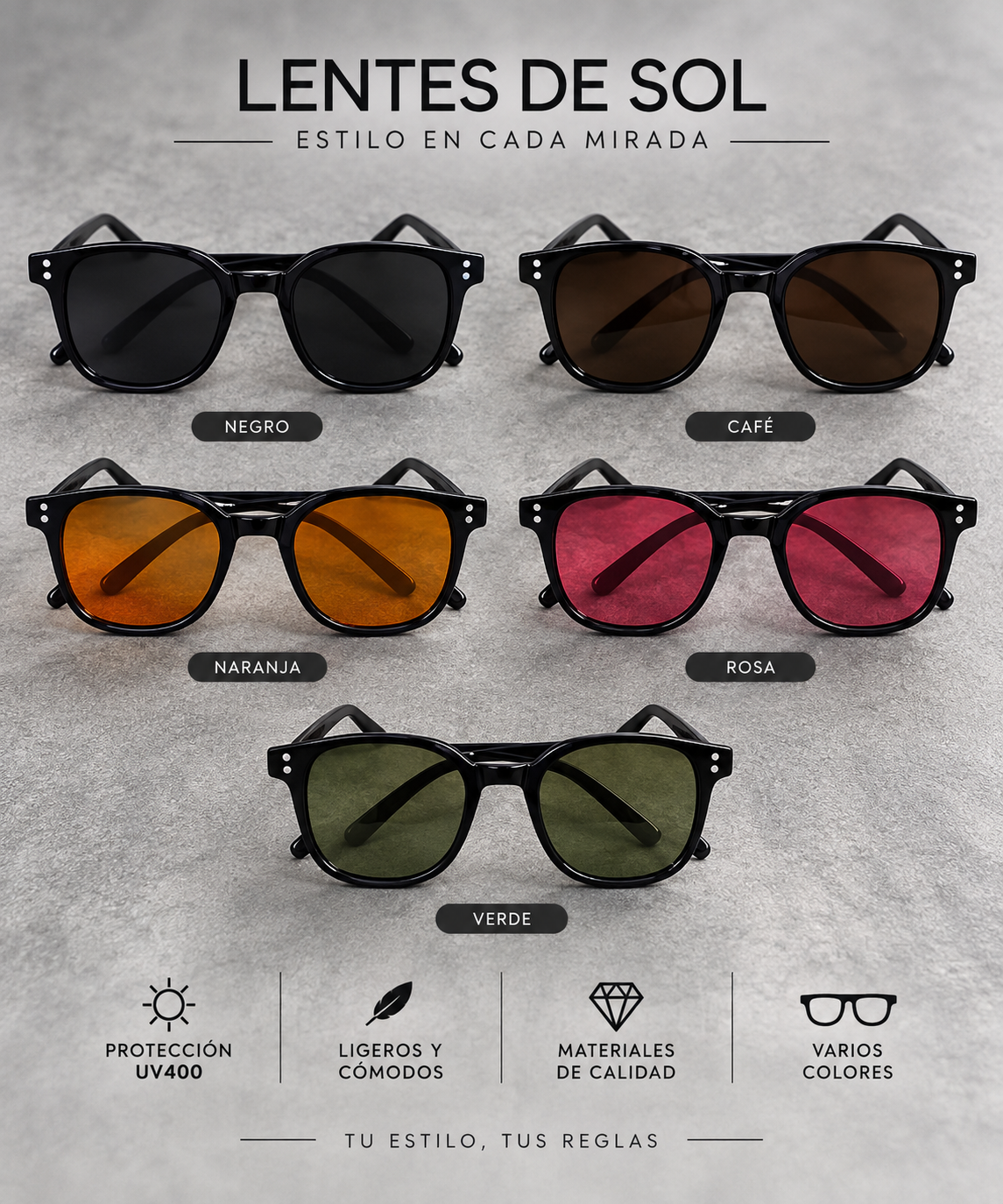 Lentes de Sol Redondos con Remaches Unisex