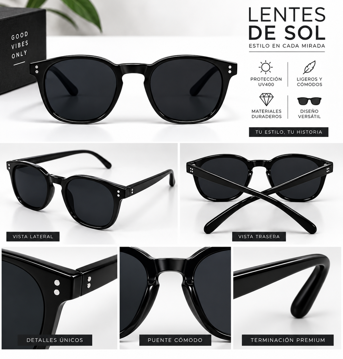 Lentes de Sol Redondos con Remaches Unisex