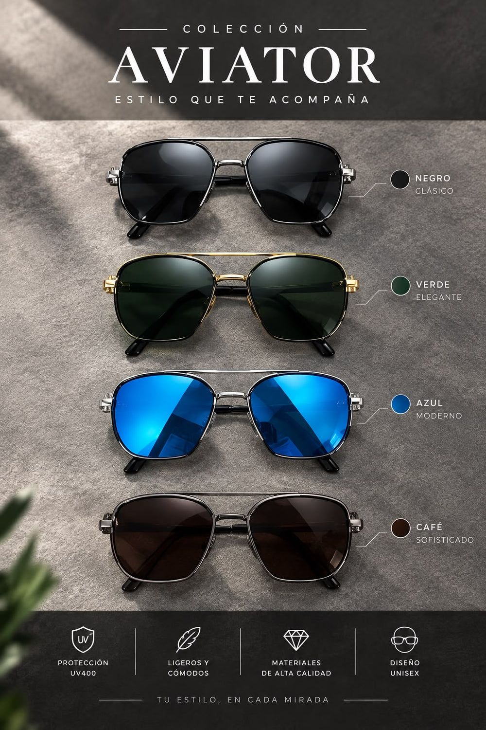 Lentes de Sol Aviador Doble Puente Unisex