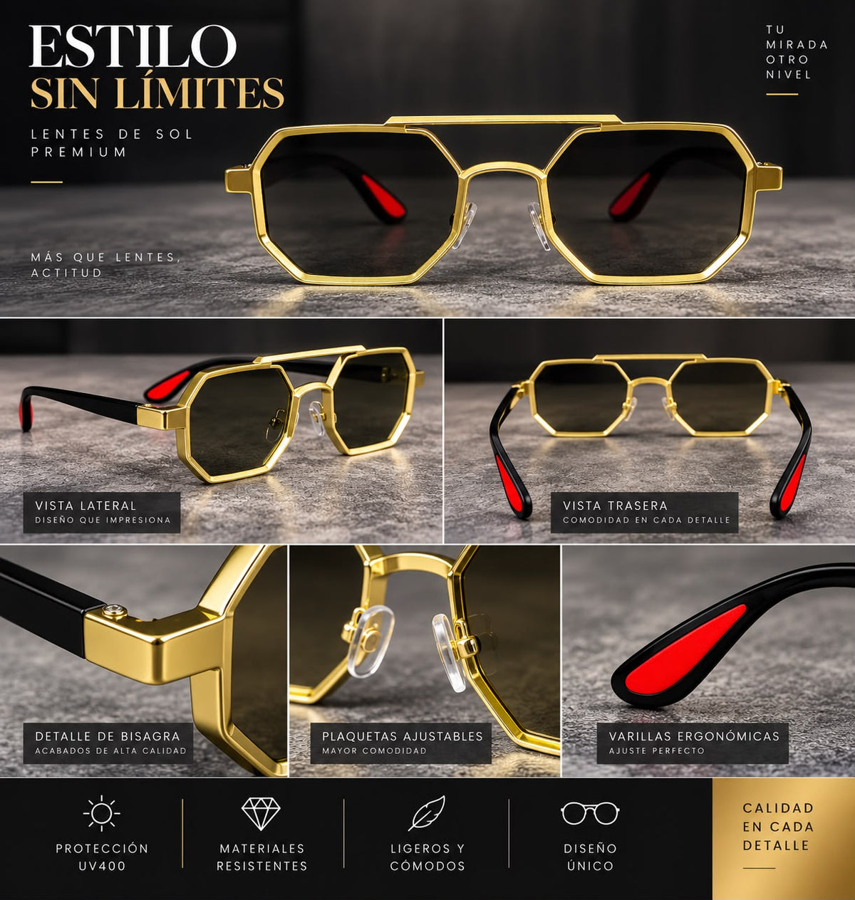Lentes de Sol Octagonales Metálicos Unisex-zoom-3