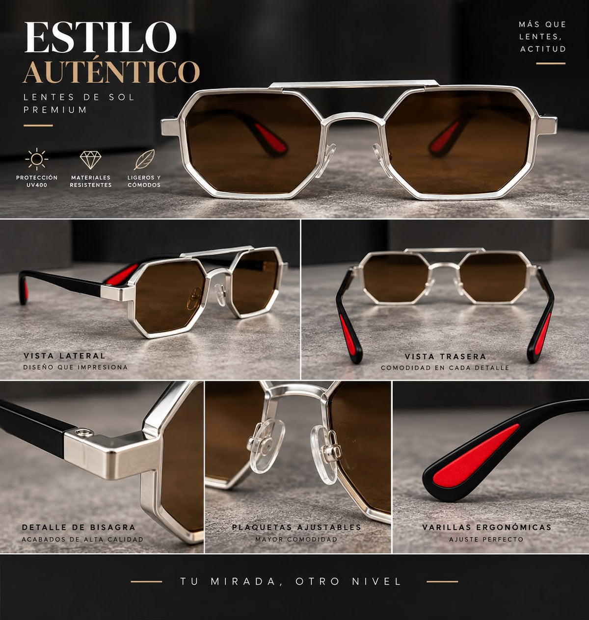 Lentes de Sol Octagonales Metálicos Unisex-zoom-5