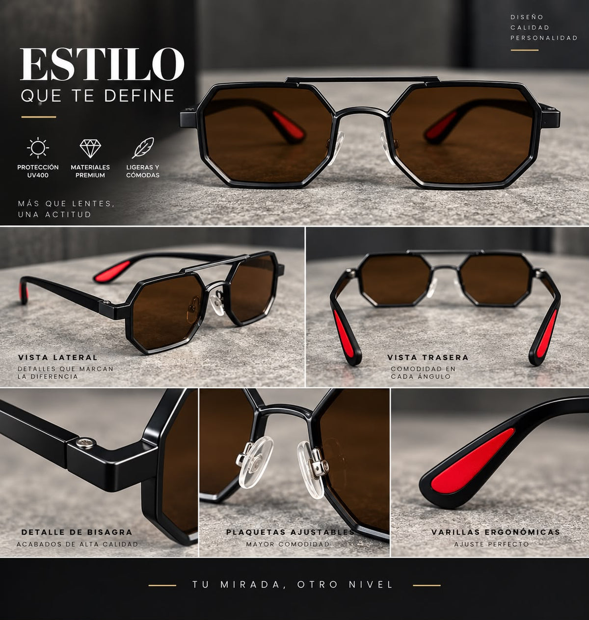 Lentes de Sol Octagonales Metálicos Unisex-zoom-4
