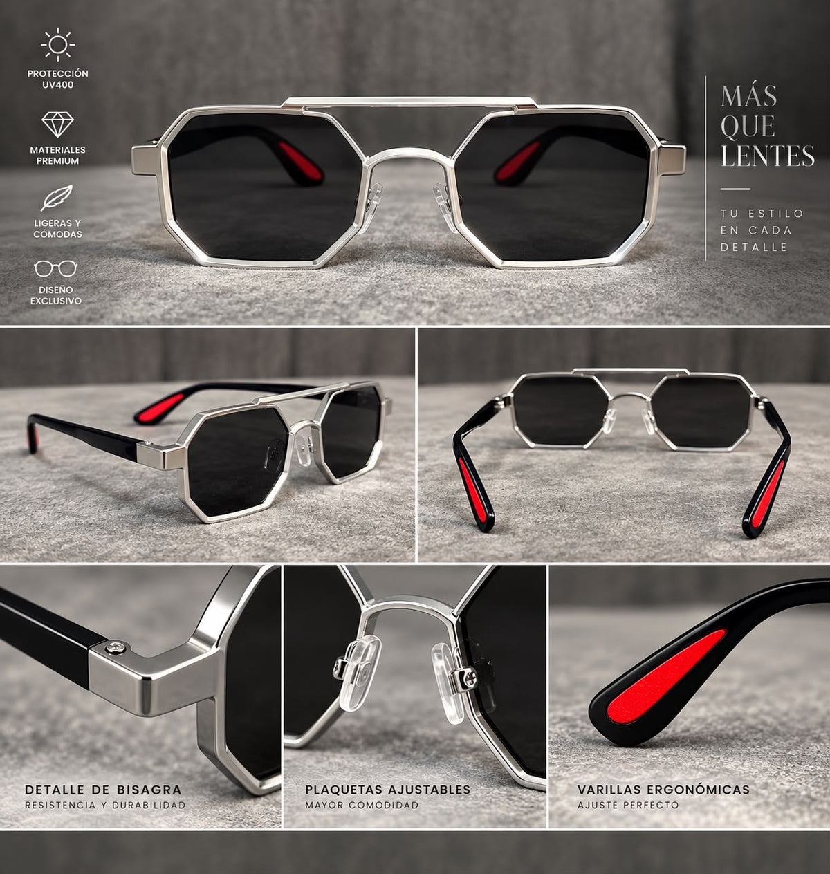 Lentes de Sol Octagonales Metálicos Unisex-zoom-6
