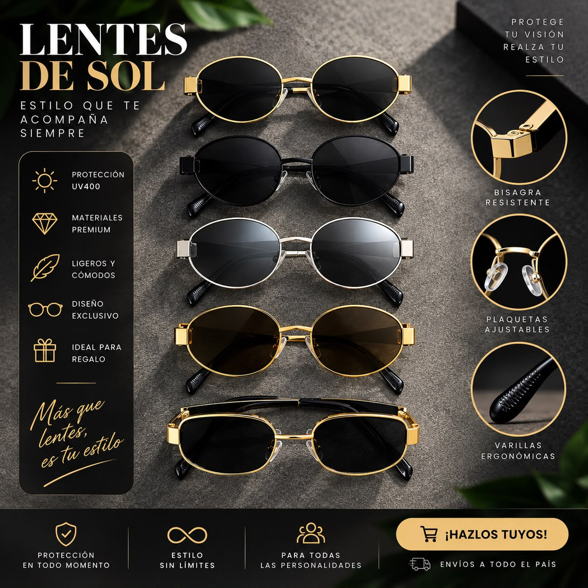 Lentes de Sol Ovalados Estilo Minimalista