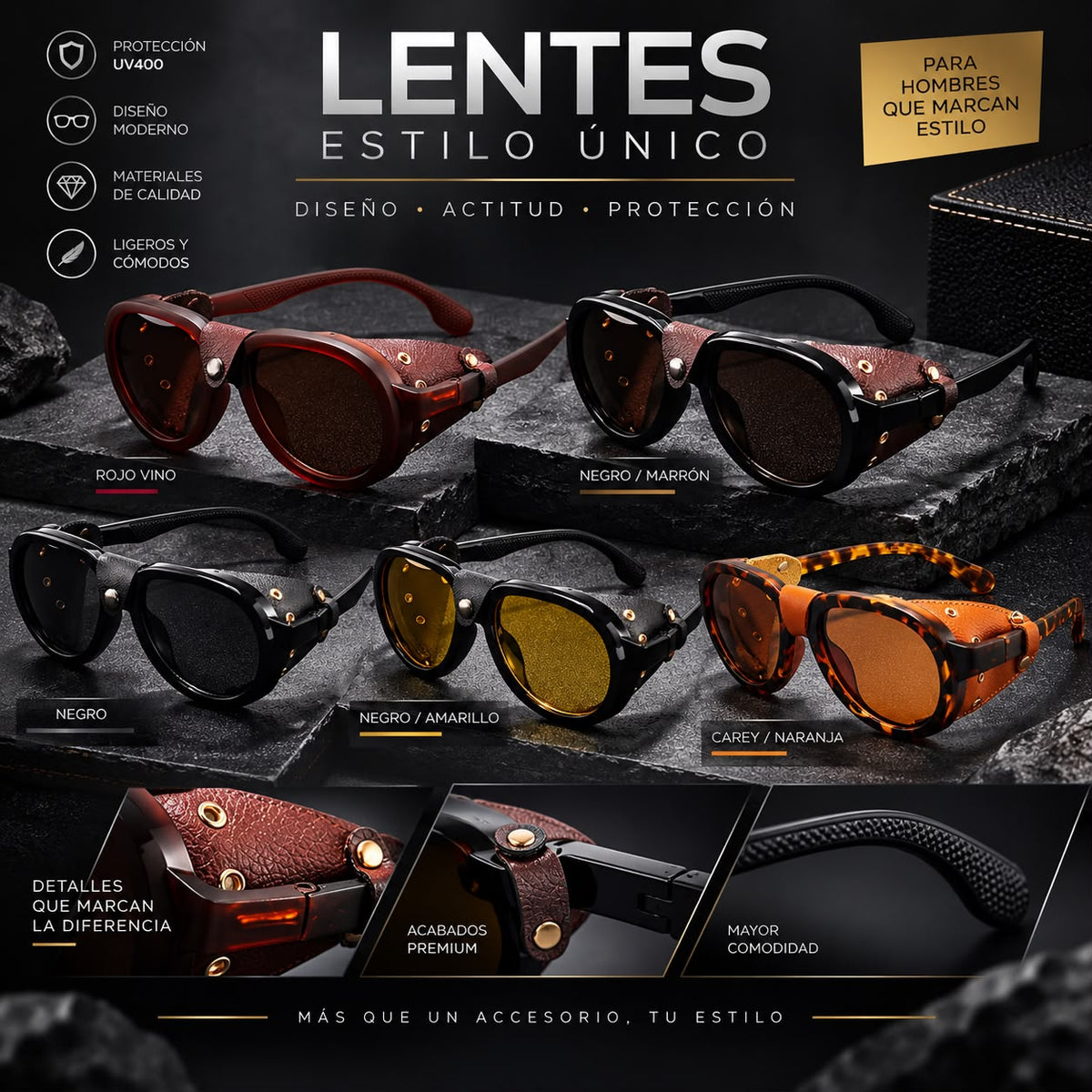 Lentes de Sol Aviador con Guarnición de Cuero