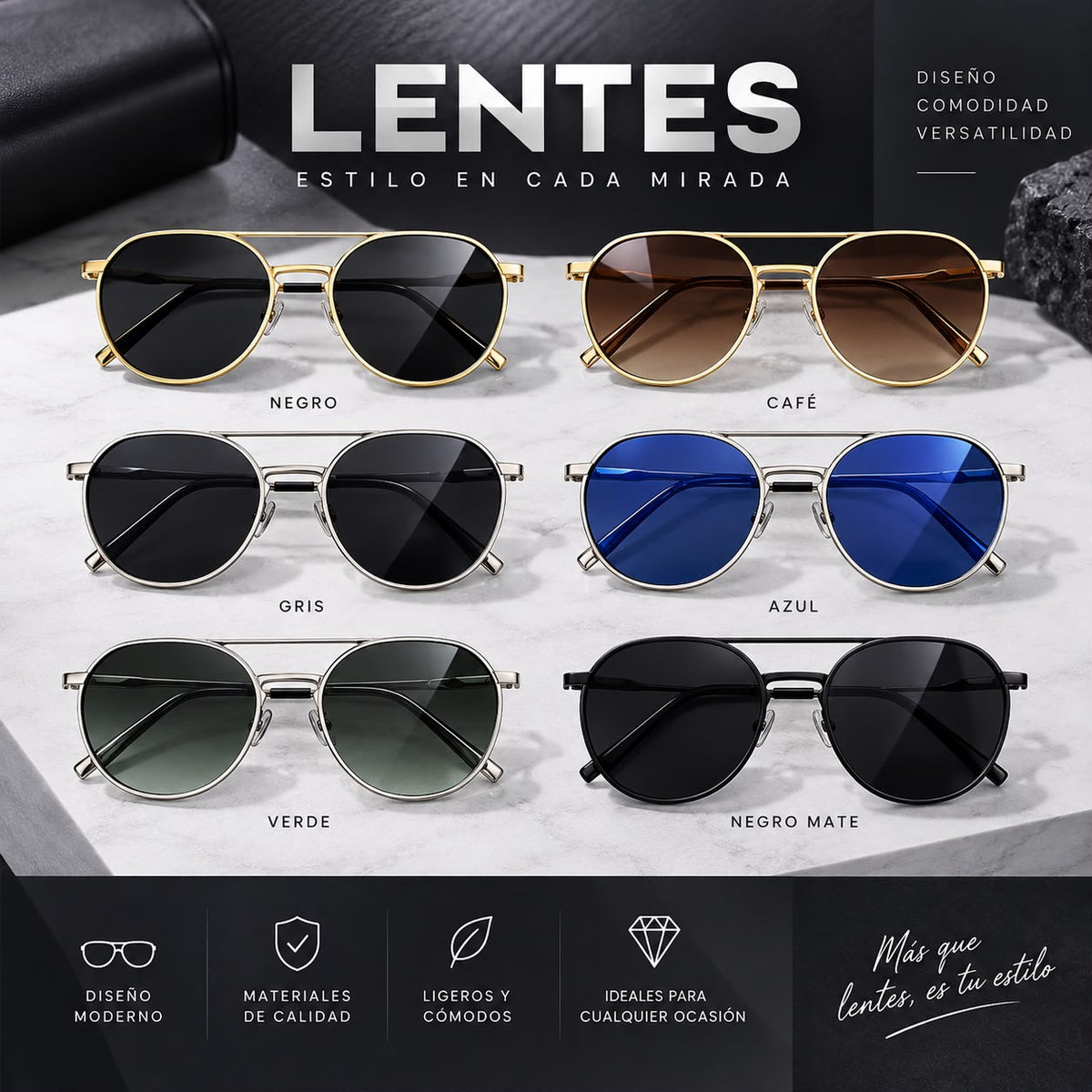 Lentes de Sol Montura Metálica Fina Redonda