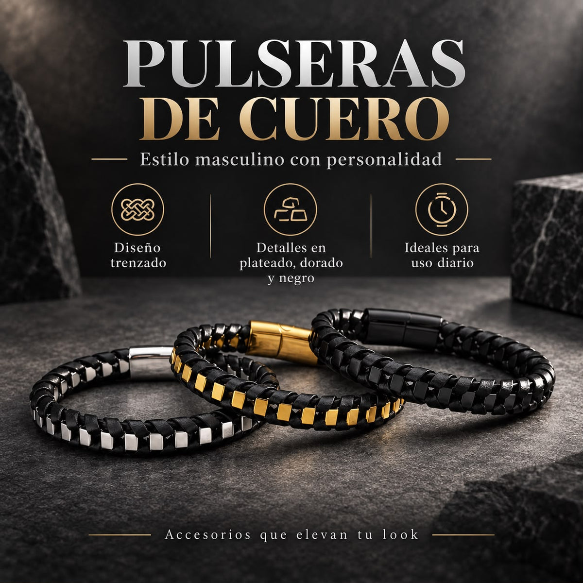 Pulsera de Cuero Trenzado con Cadena de Acero Inoxidable