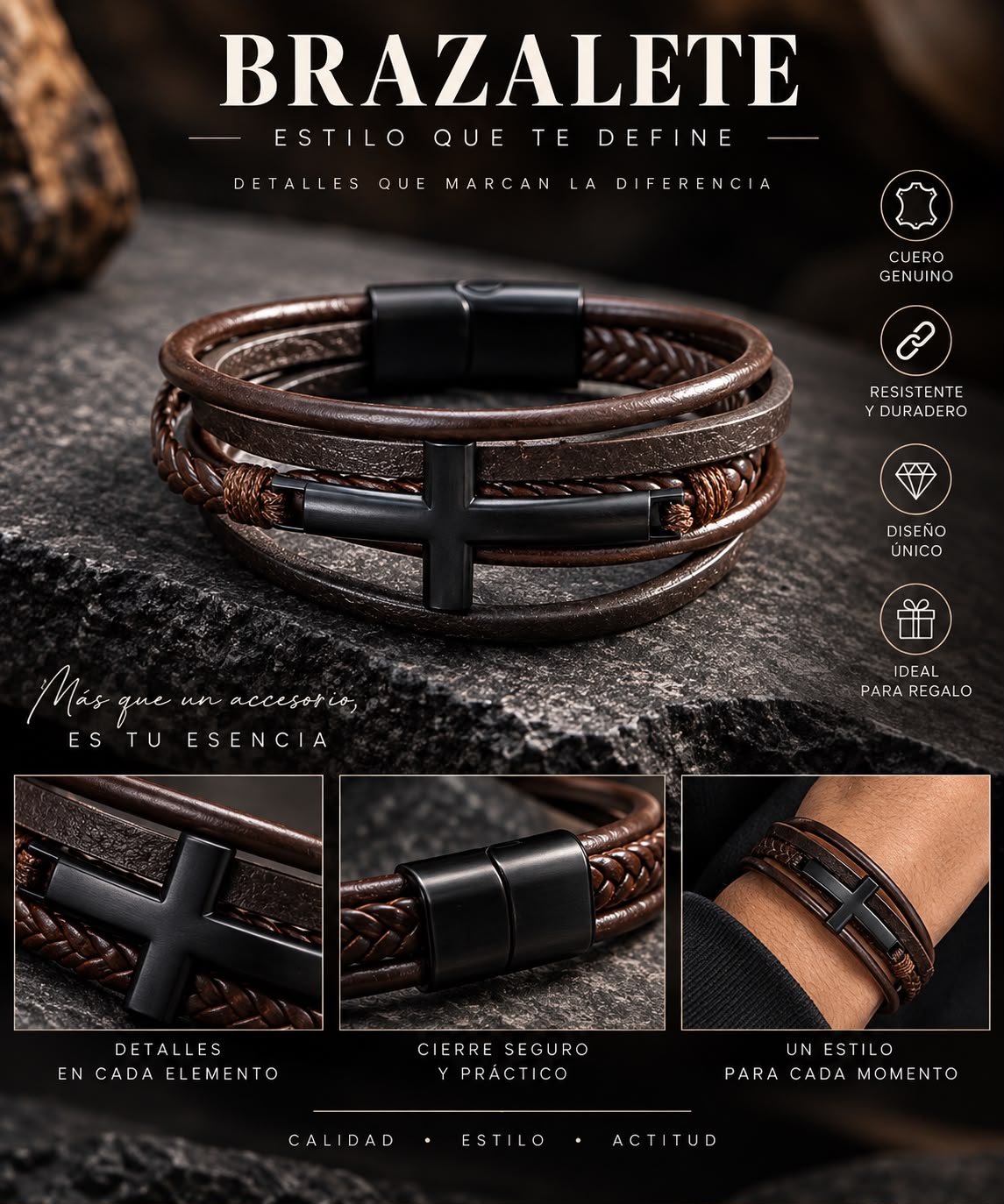 Pulsera con Cruz Multicapa de Cuero-thumbmail-2