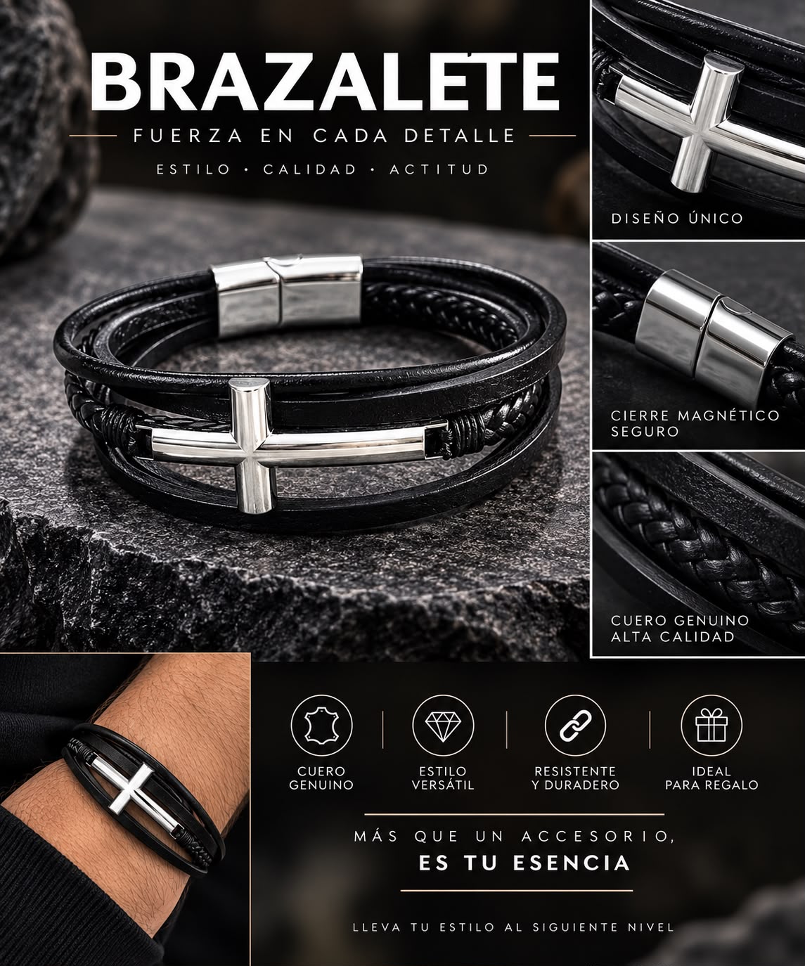 Pulsera con Cruz Multicapa de Cuero-zoom-5