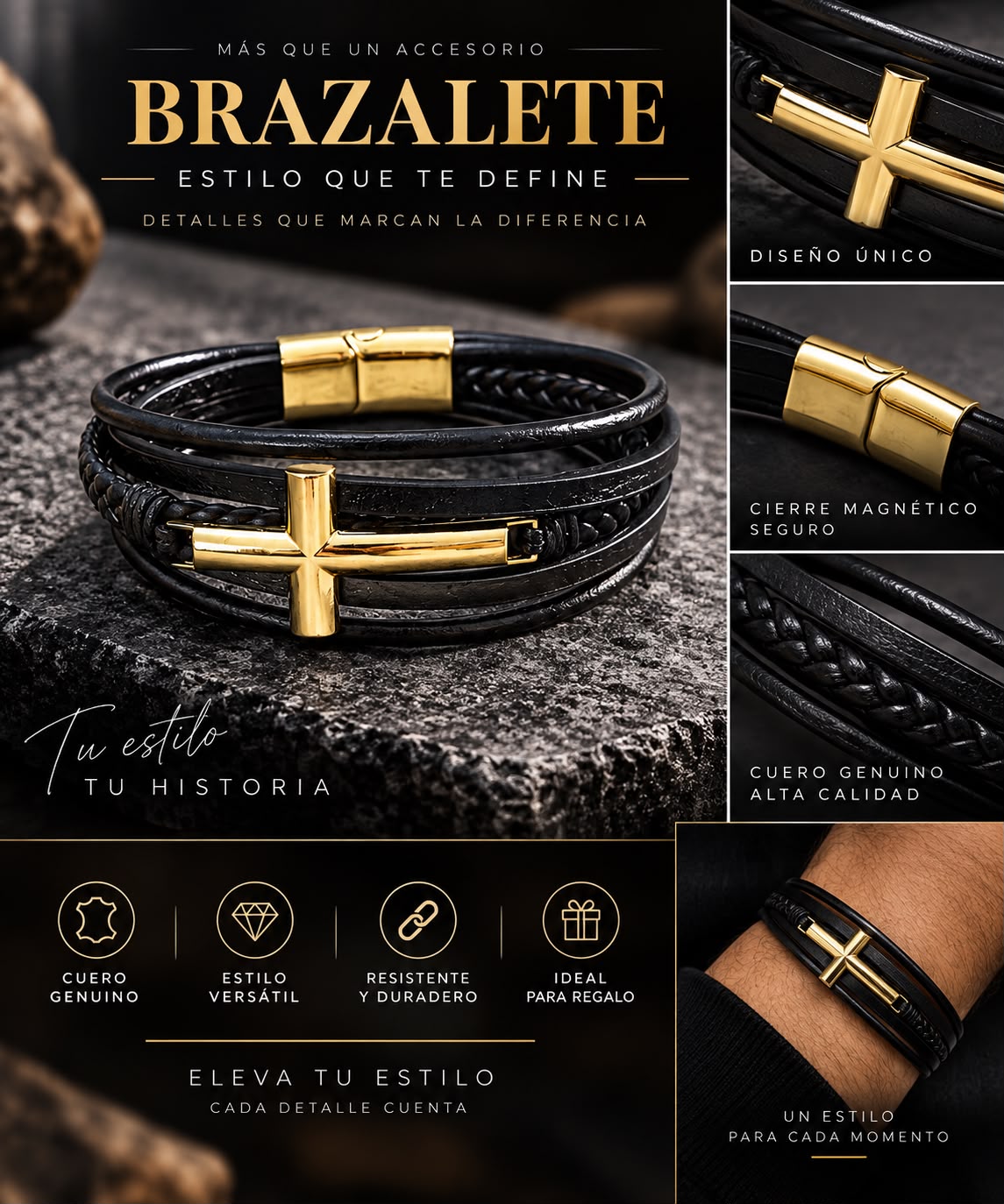 Pulsera con Cruz Multicapa de Cuero-zoom-6