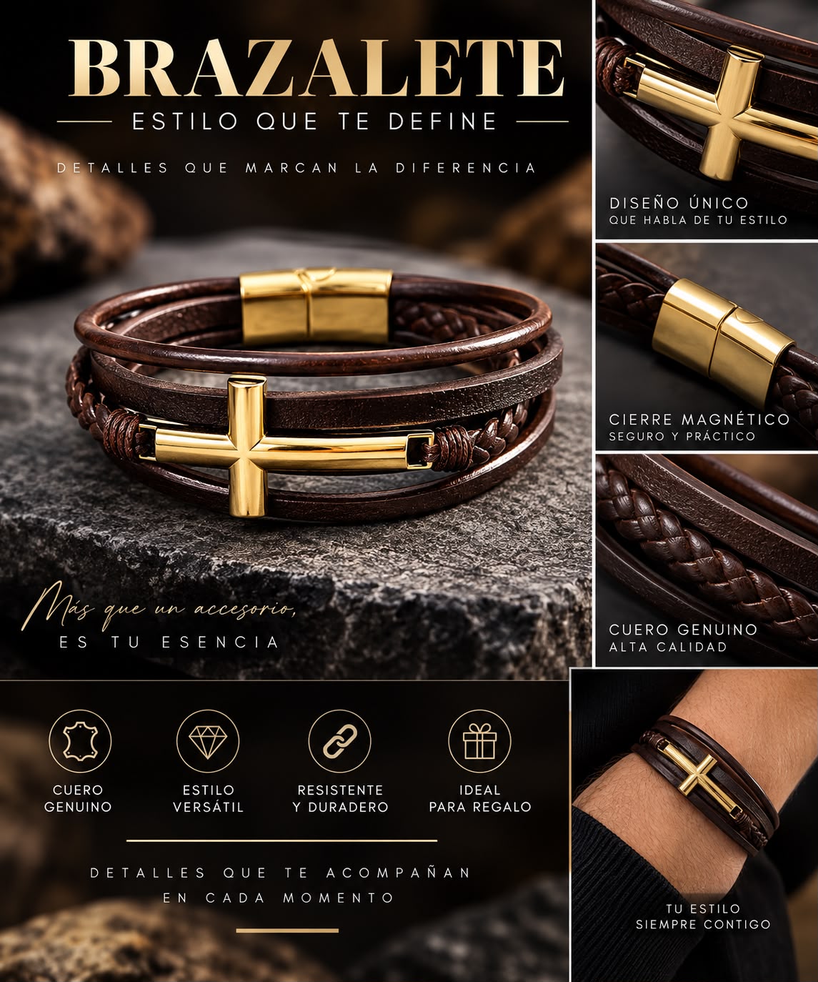 Pulsera con Cruz Multicapa de Cuero-zoom-3