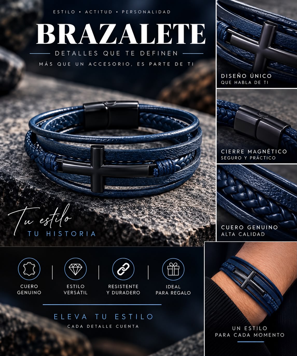 Pulsera con Cruz Multicapa de Cuero-zoom-8