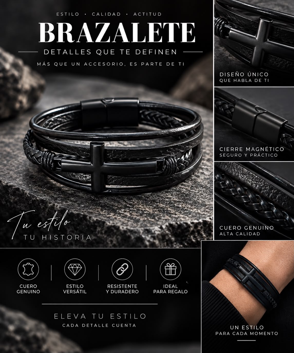 Pulsera con Cruz Multicapa de Cuero-zoom-7
