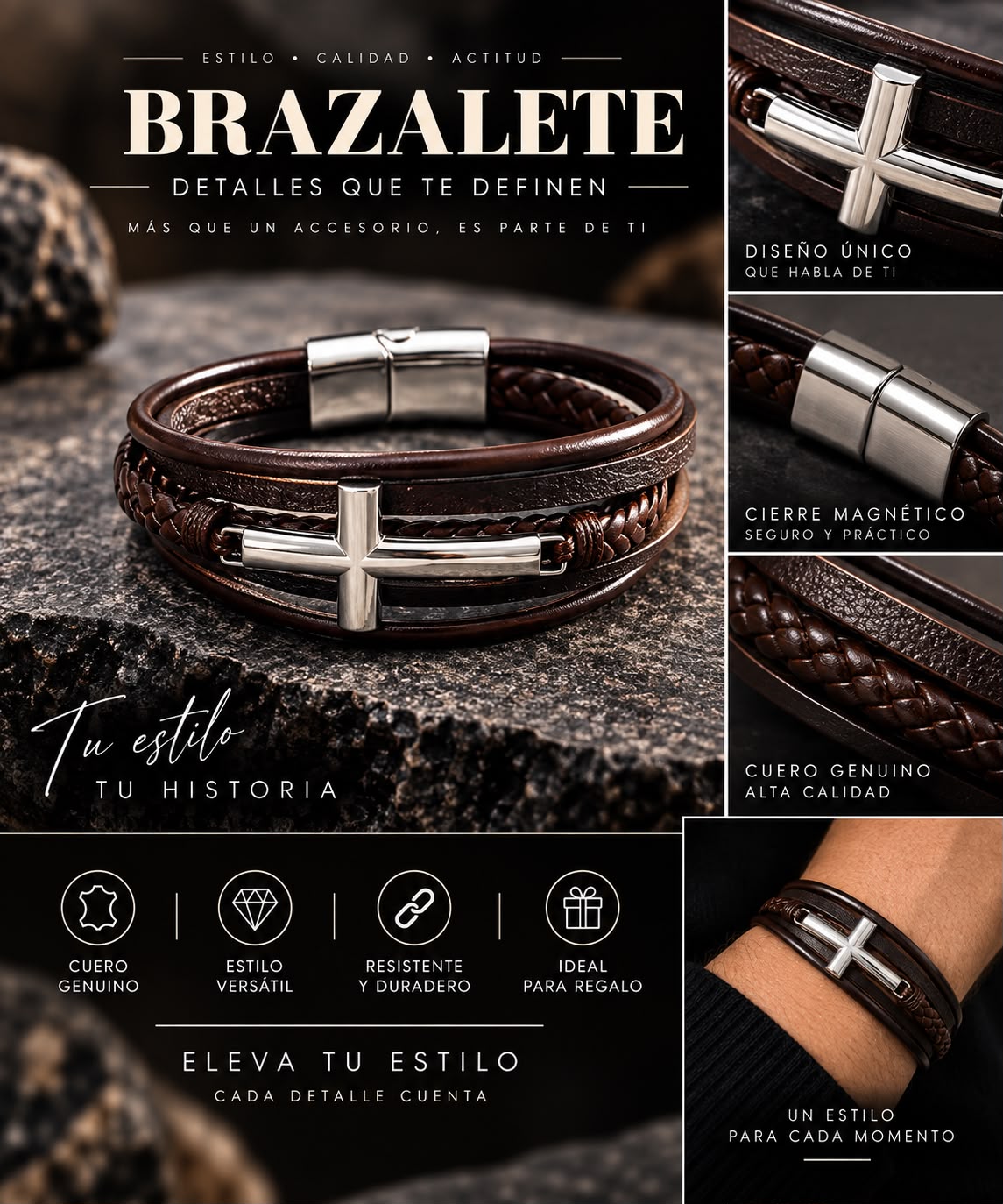 Pulsera con Cruz Multicapa de Cuero-zoom-4